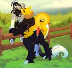 animal_genitalia animal_penis anthro bodily_fluids breath cloudy_hyena cum cum_in_ass cum_inside cupid_(cloudy_hyena) duo equid equine equine_genitalia equine_penis feet foot_grab from_behind_position genital_fluids genitals hi_res horn male male/male mammal mythological_creature mythological_equine mythology on_fence outside outside_sex panting penile_spines penis precum scalie sex size_difference slit_penis splynter styra_(erath) tail tail_anus tail_aside taur tongue tongue_out unicorn