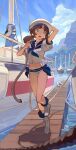  1girl :d bangs bird blue_eyes boat boots breasts brown_hair english_commentary full_body hat highres medium_breasts mole mole_under_eye navel open_mouth original pier ponytail rope sailor_hat smile solo timbougami watercraft white_footwear 