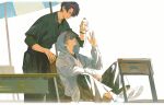  2boys beach_umbrella black_hair black_shirt bottle chair collared_shirt desk eye_contact hair_between_eyes highres holding holding_bottle hood hood_up hoodie knees_up long_sleeves looking_at_another looking_down looking_up male_focus multiple_boys on_chair original outdoors pants parted_lips profile school_desk shirt shoes short_hair short_sleeves sitting smile sneakers umbrella water_bottle xiaojiaju 