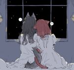  ! 2girls animal_ears black_hair dress heart highres kakmxxxny06 kono_koi_wo_hoshi_ni_wa_negawanai kousaka_fuyuki multiple_girls night red_hair shirai_eri sitting spoken_exclamation_mark spoken_heart star_(sky) tail white_dress window 