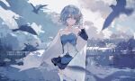  1girl armlet bare_shoulders belt bird blue_belt blue_eyes blue_gemstone blue_hair blue_shirt blue_skirt blue_sky blue_sleeves blue_theme cape chinese_commentary closed_mouth clothing_cutout cloud collared_cape commentary_request cowboy_shot day detached_sleeves dock expressionless floating_cape fortissimo frilled_shirt frills gem gloves hair_between_eyes hair_ornament hairclip hand_in_own_hair high_collar highres jewelry layla_836829767 long_sleeves loose_hair_strand magical_girl mahou_shoujo_madoka_magica mahou_shoujo_madoka_magica_(anime) miki_sayaka miniskirt musical_note musical_note_hair_ornament ocean outdoors pleated_skirt reflection reflective_liquid shirt short_hair skirt sky solo standing stomach_cutout stomach_jewel strapless strapless_shirt thighhighs two-tone_shirt white_cape white_gloves white_shirt white_thighhighs 
