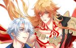  2boys antenna_hair arm_tattoo armlet armor black_coat black_shirt blonde_hair blue_eyes braid chest_tattoo chinese_commentary coat commentary_request earrings facial_tattoo gold_earrings gold_necklace gradient_hair honkai:_star_rail honkai_(series) jewelry long_hair male_focus miaowowo2025 multicolored_hair multiple_boys mydei_(honkai:_star_rail) necklace open_clothes open_coat parted_bangs pauldrons phainon_(honkai:_star_rail) red_hair red_tattoo shirt short_hair shoulder_armor side_braid single_pauldron tattoo white_hair yellow_eyes 