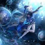  2girls absurdres ahoge blue_eyes blue_gemstone blue_hair blue_hat blue_jacket caisena closed_mouth cowlick dress focalors_(genshin_impact) full_body furina_(genshin_impact) gem genshin_impact gloves hair_between_eyes hat highres jacket juliet_sleeves long_hair long_sleeves multicolored_hair multiple_girls puffy_sleeves smile top_hat white_hair 