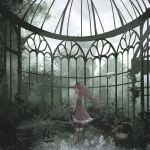  1girl armchair bare_shoulders black_bow black_pantyhose black_wrist_cuffs boots bow bush chair chinese_commentary cloud cloudy_sky collared_dress commentary_request day detached_sleeves dress floating_hair frilled_dress frills from_behind full_body greenhouse grey_sleeves hair_bow highres holding holding_polearm holding_weapon indoors knee_boots layla_836829767 long_hair long_sleeves magical_girl mahou_shoujo_madoka_magica mahou_shoujo_madoka_magica_(anime) medium_dress over_shoulder overgrown pantyhose plant polearm ponytail red_boots red_dress red_hair sakura_kyoko sky sleeveless sleeveless_dress solo spear standing tree very_long_hair vines weapon weapon_over_shoulder wind wrist_cuffs 