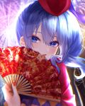  1girl aerial_fireworks bangs blue_eyes blue_hair blush fireworks folding_fan hair_between_eyes hand_fan hand_up highres holding holding_fan hololive hoshimachi_suisei lipstick long_hair looking_at_viewer makeup nail_polish parted_lips red_nails signature solo star_(symbol) star_in_eye symbol_in_eye upper_body virtual_youtuber yuuyu_(moco20111115) 