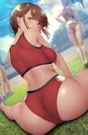  3girls absurdres ass bangs bare_arms bare_shoulders blue_hair blurry breasts brown_eyes brown_hair commentary_request depth_of_field from_behind gentsuki highres large_breasts long_hair looking_at_viewer looking_back multiple_girls original outdoors parted_lips ponytail red_sports_bra short_hair sitting smile solo_focus sports_bra sportswear spread_legs tan tanlines thighs 