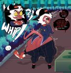 2025 2_horns absurd_res angry big_butt black_bottomwear black_clothing black_hat black_headwear black_pants black_stripes blue_clothing blue_topwear bottomwear bottomwear_down butt clothed clothing crimson_(helluva_boss) cross-popping_vein crossed_arms dialogue disembodied_hand emanata english_description english_text exclamation_point forbobs2 gold_(metal) gold_tooth hair half-closed_eyes hat headgear headwear hellaverse helluva_boss hi_res horn imp looking_back male mr_smilingdevil narrowed_eyes not_furry outside pants pants_down partially_clothed question_mark rear_view red_body red_scarf red_skin scarf solo spade_tail speech_bubble striped_horn stripes tail text topwear white_hair yellow_eyes