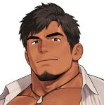  1boy bara brown_eyes brown_hair chest_hair facial_hair goatee jewelry kuromine_hiraya light_smile looking_at_viewer male_focus mustache_stubble original parted_bangs pendant portrait shirt side_part simple_background solo stubble thick_eyebrows white_background white_shirt 