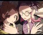  1boy 1girl black-framed_eyewear brown_eyes brown_hair commentary_request corbeau_(pokemon) eyelashes eyewear_strap fangs fingernails fleur-de-lis glasses hair_bun harmony_(pokemon) highres letterboxed necktie open_mouth pokemon pokemon_legends:_z-a purple_shirt round_eyewear shirt short_sideburns srs_dayo wallpaper_(object) white_necktie 