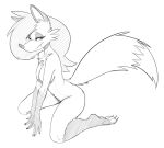 2021 anthro bedroom_eyes black_and_white breasts canid canine female fluffy fluffy_tail fox full-length_portrait gloves_(marking) hi_res kneeling leg_markings looking_at_viewer mammal markings monochrome narrowed_eyes nipples nude pepper_(sketchytoasty) portrait seductive sketch socks_(marking) solo w4g4 