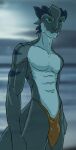  2022 abs anthro biceps blue_body blue_stripes bottomwear bulge clothed clothing digital_media_(artwork) dragon green_eyes hi_res horn loincloth looking_aside male muscular muscular_anthro muscular_male outside reptile scalie sky solo striped_body stripes victory_clint wingless_dragon 