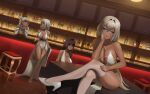  4girls absurdres alabama_(azur_lane) alabama_(untarnished_silver_silken_gold)_(azur_lane) alcohol alternate_costume azur_lane bare_shoulders blue_eyes breasts brown_eyes brown_hair closed_eyes cocktail_dress commentary criss-cross_halter crossed_legs dark-skinned_female dark_skin dress dutch_angle english_commentary evening_gown foot_out_of_frame grey_hair halterneck high_heels highres indiana_(azur_lane) indoors large_breasts long_hair looking_at_another looking_at_viewer massachusetts_(azur_lane) massachusetts_(dressed_to_impress)_(azur_lane) multiple_girls official_alternate_costume rainz red_eyes scar scar_on_cheek scar_on_face shoes siblings sisters sitting sleeveless sleeveless_dress smile south_dakota_(azur_lane) south_dakota_(solo_concert)_(azur_lane) standing standing_on_one_leg thighhighs very_long_hair white_dress white_shoes white_thighhighs 