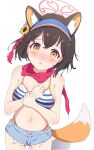  1girl absurdres animal_ear_fluff animal_ears bare_shoulders bikini blue_archive blush breasts brown_hair cowboy_shot denim denim_shorts flower fox_ears fox_girl fox_tail hair_flower hair_ornament halo highleg highleg_panties highres izuna_(blue_archive) izuna_(swimsuit)_(blue_archive) looking_at_viewer medium_breasts micro_shorts navel official_alternate_costume open_mouth panties pink_halo pink_scarf scarf short_hair shorts simple_background solo standing striped_bikini striped_clothes sunflower sunflower_hair_ornament swimsuit tail underwear visor_cap white_background yellow_eyes yukin_(yukin8210) 