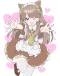  1girl ;d alternate_costume apron blush bow brown_dress brown_hair brown_shoes commentary dress foot_out_of_frame frilled_apron frills fujishima_megumi hair_bow hashtag-only_commentary heart heart_background highres leg_up link!_like!_love_live! looking_at_viewer love_live! maid maid_apron maid_headdress mary_janes momoi_shigeki necktie nyan_nyan_nyan_fair_in_gamers one_eye_closed open_hands paw_print paw_print_background pink_background puffy_short_sleeves puffy_sleeves purple_eyes shoes short_sleeves smile solo thighhighs tie_clip virtual_youtuber white_apron white_thighhighs yellow_background yellow_bow yellow_necktie zettai_ryouiki 