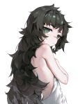  1girl backless_dress backless_outfit bare_arms bare_shoulders black_hair blush closed_mouth dino_(dinoartforame) dress from_behind green_eyes hand_on_own_chest highres hiyajou_maho long_hair looking_at_viewer looking_back simple_background solo steins;gate steins;gate_0 upper_body very_long_hair white_background white_dress 