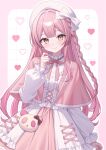  1girl animal_bag artist_request bag beret border bow braid buttons cape capelet checkered_background collar commentary_request cowboy_shot cross-laced_clothes cross-laced_dress dress frilled_collar frills hair_bow hand_up hat heart heart_background highres himesaki_neru indie_virtual_youtuber lapels light_blush long_sleeves looking_at_viewer neck_ribbon outline outside_border pink_border pink_capelet pink_ribbon puffy_long_sleeves puffy_sleeves ribbon second-party_source shoulder_bag side_braid simple_background smile solo virtual_youtuber white_bow white_dress white_hat white_outline white_trim yellow_eyes 