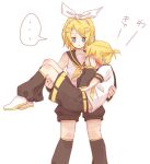  ... 1boy 1girl bangs black_sailor_collar black_shorts black_sleeves blonde_hair blue_eyes blush bow carrying commentary covering_face detached_sleeves embarrassed expectations/reality fumiharu hair_bow hair_ornament hairclip hands_on_own_face headphones kagamine_len kagamine_rin leg_warmers looking_at_another neckerchief necktie princess_carry sailor_collar school_uniform shirt short_hair short_ponytail short_shorts shorts sleeveless sleeveless_shirt speech_bubble spoken_ellipsis standing swept_bangs translated vocaloid white_background white_bow white_shirt yellow_neckerchief yellow_necktie 