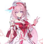  1girl absurdres braid braided_bangs breasts closed_mouth commentary_request diamond-shaped_pupils diamond_(shape) dress earrings elysia_(hi_love_elf)_(honkai_impact) elysia_(honkai_impact) gloves hair_ornament heart heart_earrings heart_hair_ornament highres honkai_(series) honkai_impact_3rd jewelry kabuto_tong large_breasts long_hair pink_gloves pink_hair pointy_ears purple_eyes red_dress simple_background single_bare_shoulder smile solo symbol-shaped_pupils upper_body v white_background white_dress 