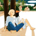  2girls barefoot baseball_cap beach black_hair blue_pants chinese_commentary closed_eyes cloud commentary_request day eyelashes full_body hand_on_own_knee hat indian_style jiemoxia knees_up lips long_sleeves medium_hair multiple_girls original outdoors oversized_clothes oversized_shirt palm_tree pants red_hat sand shade shirt short_hair short_sleeves sitting sky stairs summer t-shirt tree under_tree white_hair white_shirt 