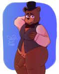  anthro balls big_butt big_penis blue_eyes bow_tie brown_body brown_fur butt chubby_anthro chubby_male clothing digital_media_(artwork) five_nights_at_freddy&#039;s freddy_(fnaf) fur genitals hat headgear headwear hi_res humanoid_genitalia humanoid_penis looking_at_viewer male mammal mature_anthro mature_male overweight penis scottgames simple_background sleepywozzy slightly_chubby smile solo suit thick_thighs topwear ursid video_games 