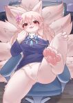  1girl 2025 absurdres artist_name blue_shirt blush breasts cameltoe fang flower fox furry furry_female highres lalamedli looking_at_viewer medium_breasts multiple_tails no_pants panties pawpads pink_flower pink_fur red_eyes shirt shy skin_fang solo tail underwear 