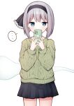  ... 1girl alternate_costume aran_sweater black_hairband black_skirt blue_eyes blunt_ends blush cable_knit casual cellphone commentary contemporary covered_mouth cowboy_shot green_sweater grey_hair hairband highres hitodama holding holding_phone konpaku_youmu konpaku_youmu_(ghost) kurokaze long_sleeves looking_at_viewer phone pleated_skirt short_hair simple_background skirt smartphone solo spoken_ellipsis sweater thighs touhou white_background 