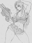  1girl abs black_lagoon breasts cleavage cowboy_shot fingerless_gloves gloves greyscale gun handgun highres holding holding_weapon long_hair looking_at_viewer monochrome muscular muscular_female ponytail revy_(black_lagoon) rifle shorts smoking sniper_rifle solo sweat tank_top thick_thighs thighs weapon yoracrab 