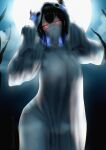  1girl absurdres asymmetrical_horns black_hair blue_eyes breasts cloak covered_mouth cowboy_shot full_body ghost_pose glowing glowing_eyes highres hololive hololive_english horns large_breasts mole mole_under_eye nerissa_ravencroft night red_eyes sheet_ghost silhouette snipsman solo uneven_horns virtual_youtuber white_cloak 