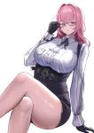  0_karao_ekaki_renshuu_man 1girl absurdres adjusting_eyewear arm_at_side black-framed_eyewear black_gloves black_ribbon black_skirt breast_pocket breasts collared_shirt commentary crossed_legs dutch_angle earrings feet_out_of_frame glasses gloves hair_between_eyes hand_up high-waist_skirt highres huge_breasts invisible_chair jewelry light_blush long_hair long_sleeves looking_at_viewer miniskirt neck_ribbon parted_lips pink_hair pocket purple_eyes ribbon semi-rimless_eyewear shirt simple_background sitting skirt solo tsukishiro_yanagi under-rim_eyewear white_background white_shirt zenless_zone_zero 