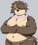  anthro belly brown_body brown_fur canid canine canis choberottie domestic_dog fur hair hair_over_eye harness hi_res leather leather_harness lifewonders long_hair male mammal moobs navel nipples one_eye_obstructed overweight ponytail shino_(housamo) solo tokyo_afterschool_summoners video_games 