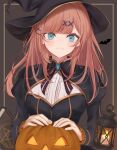  1girl :3 absurdres bat_(animal) black_capelet black_dress black_hat blush book breasts brown_background brown_hair candle capelet center_frills closed_mouth dress fingernails frilled_shirt frills green_eyes hair_ornament hairclip halloween hat highres jack-o&#039;-lantern lantern long_hair long_sleeves looking_at_viewer neck_ribbon nijisanji pentagram pink_ribbon pumpkin ri_shan ribbon shirt smile solo suzuhara_lulu virtual_youtuber white_shirt witch_hat 
