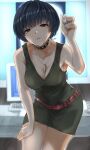  1girl absurdres armpits bangs belt black_eyes black_hair breasts choker cleavage collar dress hand_on_own_thigh highres jewelry kurosususu leaning_forward looking_at_viewer necklace persona persona_5 short_hair solo studded_choker studded_collar takemi_tae 