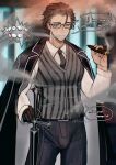  1boy beard_stubble black_gloves black_jacket black_necktie brown_hair bulge cigar collared_shirt cowboy_shot emoji english_text exhausted facial_hair glasses gloves gregor_(project_moon) hair_slicked_back half-closed_eyes highres holding holding_cigar holding_sword holding_weapon jacket jacket_on_shoulders limbus_company looking_at_viewer male_focus necktie night_awls_(identity)_(project_moon) official_alternate_costume planted planted_sword project_moon scar scar_on_face shirt single_glove smoke smoke_trail solo speech_bubble striped_clothes striped_vest stubble sword tomoart985 vest weapon white_shirt yellow_eyes 