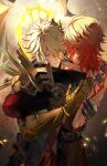  2boys absurdres alternate_form arm_tattoo armlet back_tattoo black_coat blonde_hair braid chinese_commentary clawed_gauntlets coat commentary_request crying crying_with_eyes_open earrings facial_tattoo gold_earrings gold_necklace gradient_hair halo halo_behind_head highres honkai:_star_rail honkai_(series) hug jewelry male_focus material_growth medium_hair multicolored_hair multiple_boys mydei_(honkai:_star_rail) necklace open_clothes open_coat phainon_(honkai:_star_rail) phainon_(khaslana)_(honkai:_star_rail) qiaose33912 red_hair red_tattoo side_braid tattoo tears 