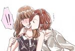  ! 2girls blush brown_hair chikai_luna_(hazuki_ruri) closed_eyes commentary_request fork hazuki_ruri highres holding holding_fork jewelry licking matsunaga_kaede_(hazuki_ruri) medium_hair multiple_girls necklace original short_hair simple_background spoken_exclamation_mark 