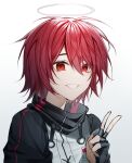  1girl :d arknights black_gloves clenched_teeth exusiai_(arknights) fingerless_gloves gloves grin hair_between_eyes halo hand_up highres id_card jacket looking_at_viewer ninshi portrait red_eyes red_hair short_hair simple_background smile solo teeth v white_background white_jacket 