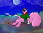 ambiguous_gender anthro clothing drewey felid feline fur gloves handwear hat headgear headwear hi_res light long_tail male male/male mammal moonlight pink_body pink_fur smoking_pipe solo tail white_clothing white_gloves white_handwear witch_hat