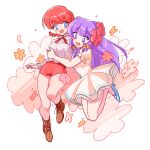  2girls blue_eyes blue_footwear breasts brown_footwear dress flower full_body highres miyano68mamo multiple_girls open_mouth purple_eyes purple_hair ranma-chan ranma_1/2 red_flower red_hair shampoo_(ranma_1/2) white_background white_dress 