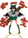  1980s_(style) 1girl absurdres bird_wings bishoujo_senshi_sailor_moon black_hair black_wings boots bow cape commentary_request control_rod_(touhou) faux_retro_artstyle gloves green_boots green_bow green_sailor_collar green_skirt hair_bow highres knee_boots long_hair magical_girl messy_hair miwijag1997 purple_eyes reiuji_utsuho retro_artstyle sailor sailor_collar sailor_senshi sailor_senshi_uniform skirt smile solo sparkle third_eye third_eye_on_chest touhou translation_request white_gloves wings 
