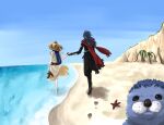  1boy 1girl animal_on_head assassin_cross_(ragnarok_online) baby_animal beach bird bird_on_head black_cape black_pants black_shirt blue_hair blue_sky brown_hat cape chick clear_sky cliff commentary_request couple dress eremes_guile from_behind full_body hat hetero holding_hands long_hair ocean on_head outdoors palm_tree pants priest_(ragnarok_online) ragnarok_online red_scarf scarf seal_(animal) seal_(ragnarok_online) shirt sky starfish sun_hat toriria torn_cape torn_clothes torn_scarf tree waist_cape walking water waves white_dress 