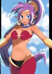  1girl absurdres bandeau black_border blue_eyes blue_sky border commentary cowboy_shot dark-skinned_female dark_skin earrings english_commentary gjh harem_pants highres hoop_earrings jewelry long_hair looking_at_viewer navel open_mouth outside_border pants pillarboxed pointy_ears ponytail purple_hair red_bandeau red_pants shantae shantae_(series) sky smile solo stomach teeth upper_teeth_only 