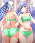  1girl :o absurdres ass back blue_eyes blue_hair blurry blurry_background blush bow bow_bra bow_panties bra breasts cleavage commentary_request commission crotch_seam depth_of_field fitting_room green_bra green_panties hair_ornament hair_ribbon hairclip highres indoors lace-trimmed_bra lace-trimmed_panties lace_trim looking_at_viewer navel original panties partial_commentary pixiv_commission polka_dot polka_dot_bra polka_dot_panties ponytail reflection ribbon school_uniform small_breasts solo standing underwear underwear_only unworn_clothes white_ribbon zanntetu 