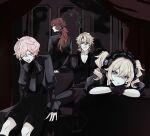  1girl 3boys :d barbara_(genshin_impact) black_gloves blonde_hair blue_eyes closed_eyes dahlia_(genshin_impact) diluc_(genshin_impact) genshin_impact gloves head_on_hands long_sleeves looking_at_another looking_at_viewer multiple_boys nendo_(n) pink_hair ponytail red_hair short_sleeves short_twintails shorts smile smug twintails varka_(genshin_impact) 