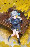  1girl :d amagai_ruka beret blue_eyes blue_hair blue_hat blue_jacket boots buttons commentary_request double-breasted floating_hair full_body ginkgo_leaf ginkgo_tree gloves grey_hair grey_skirt half_crown_braid hat highres holding jacket knees_together_feet_apart leaf long_hair long_sleeves looking_at_viewer mini_hat miniskirt multicolored_hair open_mouth outdoors plaid_clothes plaid_skirt pleated_skirt shirt skirt smile solo streaked_hair sunano_reona teeth tilted_headwear upper_teeth_only virtual_youtuber weather_planet white_gloves white_shirt 