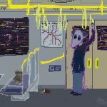 2018 american_opossum anthro black_clothing black_shirt black_topwear blue_bottomwear blue_clothing blue_pants bottomwear clothing demensa detailed_background digital_media_(artwork) door food fur grey_body grey_fur inside inside_train male mammal marsupial pants pink_nose pixel_(artwork) shirt solo topwear train trash vehicle virginia_opossum