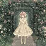  1girl a-line_dress accurate_lolita_coord arch bloomers bobby_socks bow bowtie brown_hair classic_lolita closed_mouth commentary_request dress dress_bow floral_arch flower footwear_bow frilled_dress frilled_shirt_collar frills full_body grey_eyes hat hat_bow highres lolita_fashion long_sleeves looking_at_viewer medium_hair mob_cap original outdoors pavement pink_bow pink_flower sasami_(shiroi_fuwafuwa) shoes sidelocks smile socks solo standing swept_bangs wavy_hair white_bloomers white_bow white_bowtie white_dress white_flower white_hat white_shoes white_socks 