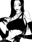  1girl bare_shoulders breasts claw_ring collarbone crop_top cross cross_necklace elbow_gloves gloves greyscale hand_up highres jewelry lips long_hair looking_at_viewer medium_breasts monochrome necklace one_eye_closed original parted_lips simple_background smile solo stomach teeniika upper_body white_background 