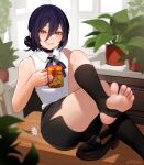  1girl armpit_crease artist_name bare_shoulders black_choker black_shorts black_socks blurry blurry_background blush breasts chainsaw_man choker collared_shirt crossed_legs cup dolphin_shorts dorsiflexion feet flower folded_ponytail foot_focus foot_out_of_frame foot_up foreshortening green_eyes hair_between_eyes hand_up highres holding holding_cup indoors knees_up loafers looking_at_viewer medium_breasts mug no_shoes presenting_foot purple_hair reze_(chainsaw_man) rezodwel shadow shirt shoes shorts sitting sleeveless sleeveless_shirt smile socks soles solo stirrup_legwear sweatdrop thighs toeless_legwear toes unworn_shoes web_address white_shirt 