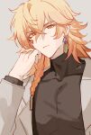  1boy black_shirt blonde_hair braid earrings facial_tattoo gold_earrings gradient_hair grey_jacket hashtag-only_commentary highres honkai:_star_rail honkai_(series) jacket jewelry long_sleeves male_focus medium_hair mors1018 multicolored_hair mydei_(honkai:_star_rail) red_hair red_tattoo shirt side_braid solo tattoo turtleneck turtleneck_shirt yellow_eyes 
