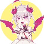  1girl :d ahoge arm_strap bare_shoulders belt blush border bracelet broken_heart_print clenched_hand collar colored_tips curled_horns demon_girl demon_horns demon_wings dress dyed_ahoge fangs furrowed_brow gloves grey_hair hair_between_eyes hand_to_own_mouth hepsim23 highres horns jewelry makaino_ririmu makaino_ririmu_(1st_costume) multicolored_hair nijisanji off-shoulder_dress off_shoulder outside_border pointy_ears red_collar red_eyes red_horns red_straps red_streaks red_wings round_border shirt_under_dress short_hair shoulder_strap sidelocks skin_fangs smile solo standing streaked_hair undershirt upper_body virtual_youtuber white_border white_dress white_gloves wings yellow_background 